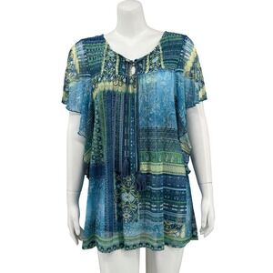 One World Top Womens XL Blue Green Sheer Boho Paisley Flowy Tunic Ruffle Peasant
